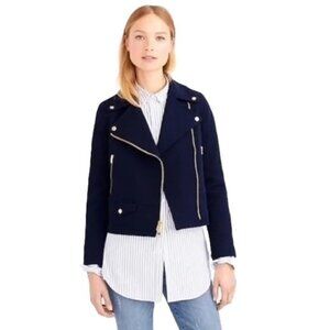 J. Crew Stadium Moto Jacket Navy Blue Gold Hardware Wool Blend Women's Size 0
